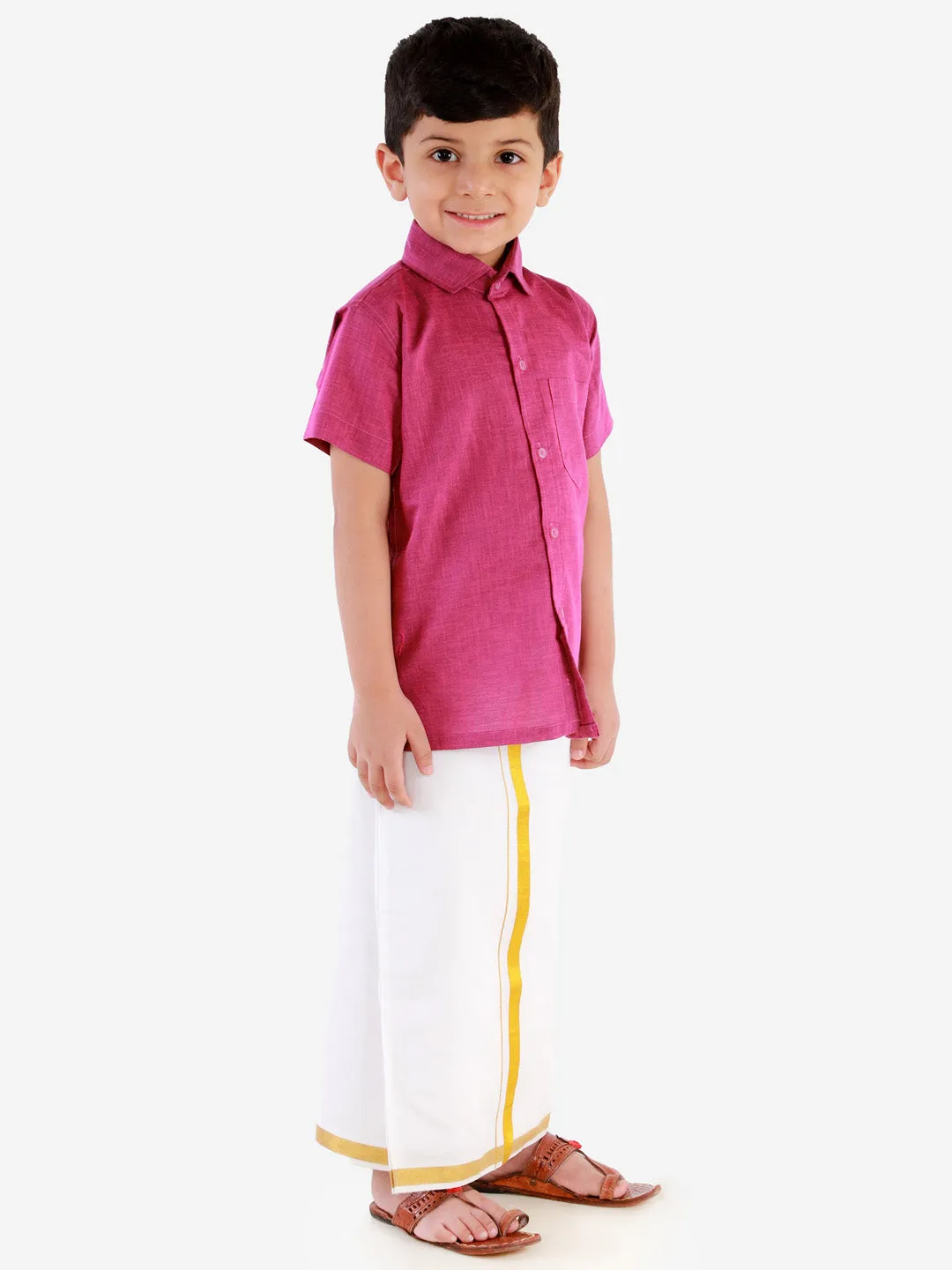 Vastramay Boy's Purple Shirt with White Mundu