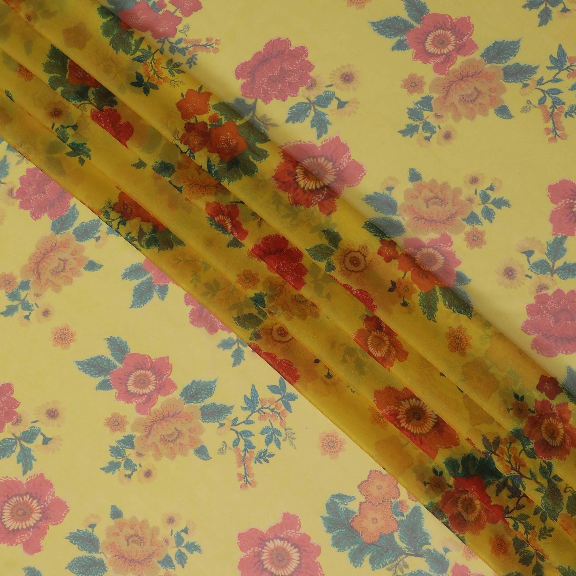 Vibrant Sunshine Yellow Floral Silk Chiffon Fabric, 110cm Width – Perfect for Summer Dresses and Scarves-D20094