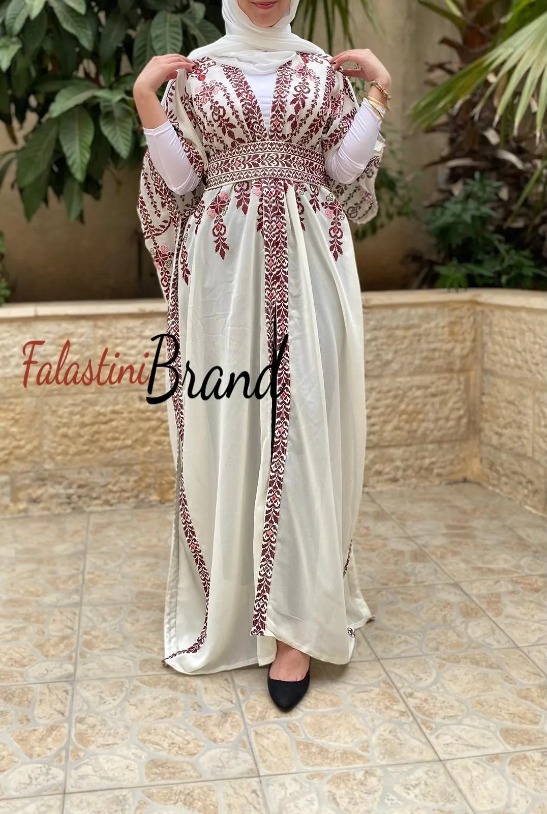 White & Red Embroidered Open Abaya/Bisht