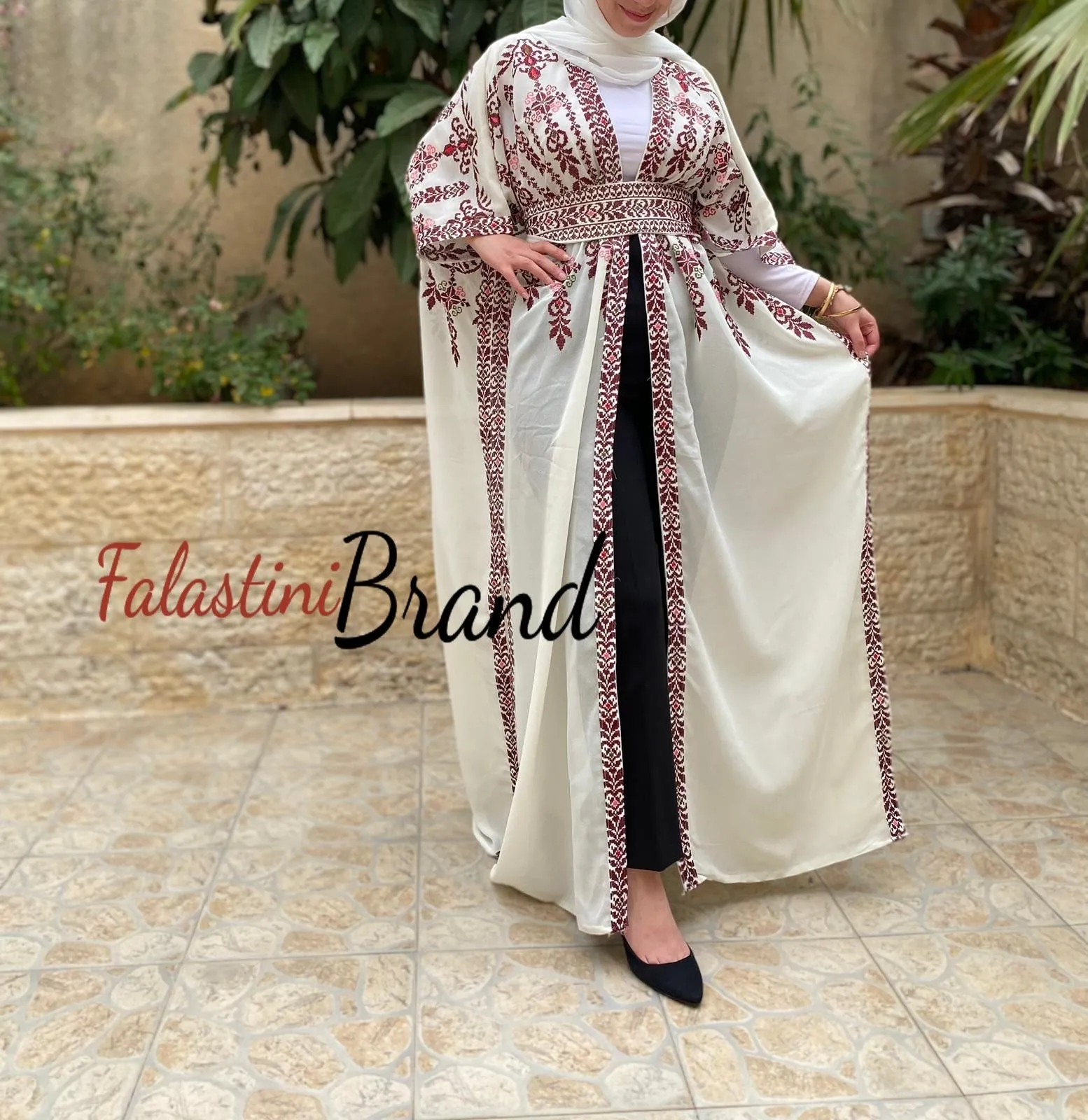 White & Red Embroidered Open Abaya/Bisht