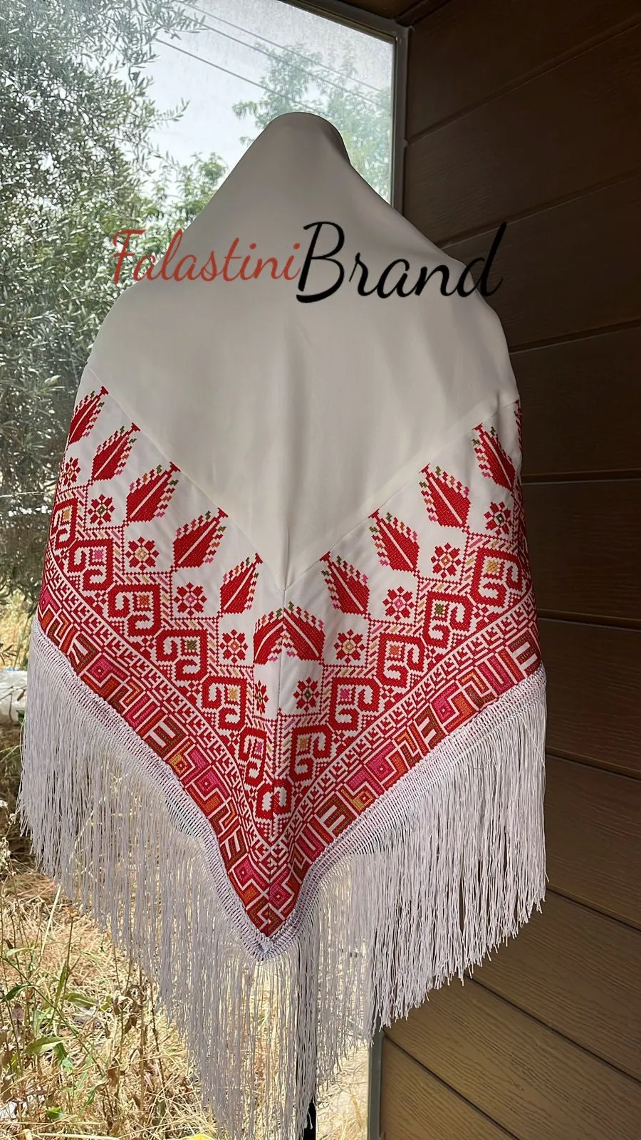 White Shawl with High Quality Machine Embroidery and Fringe Hem