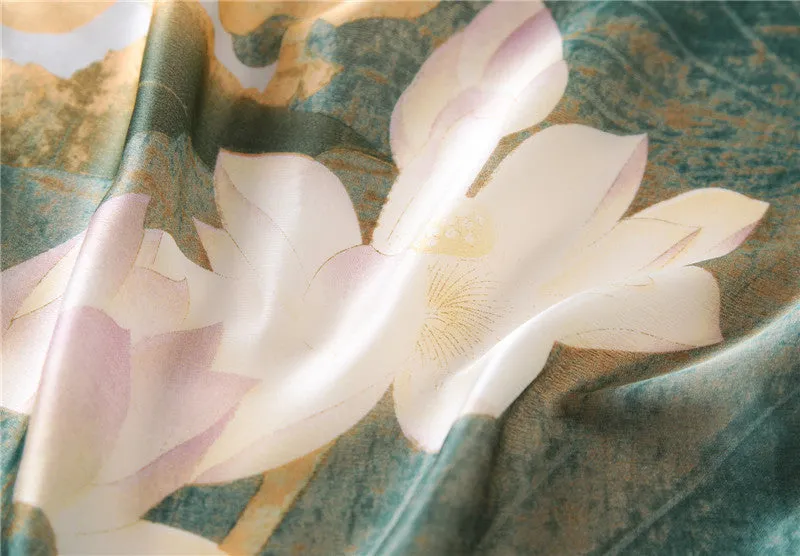 White Silk Scarf With Water Lily Design