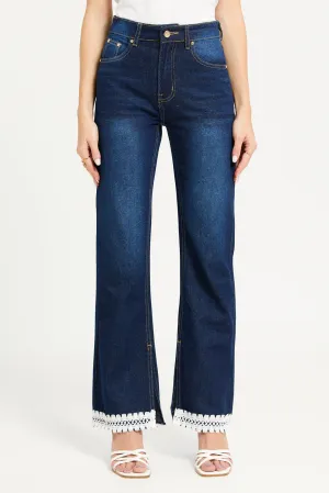 Women Navy Denim With Embroidered Detailing Jeans