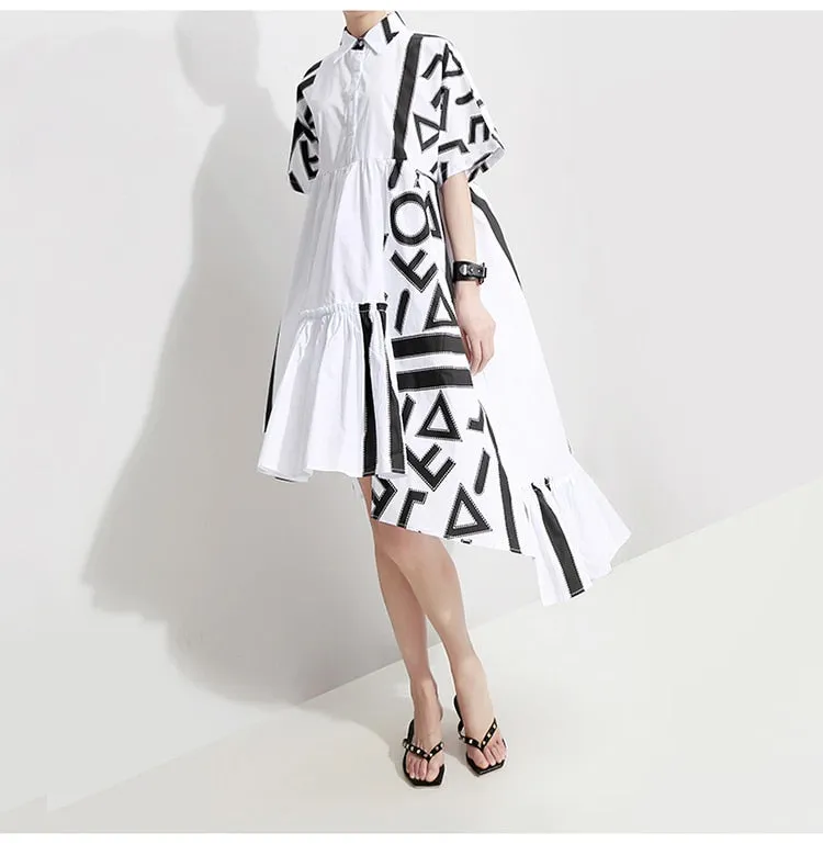 Women Stylish White Midi Shirt Dress Geometric Printed Plus Size