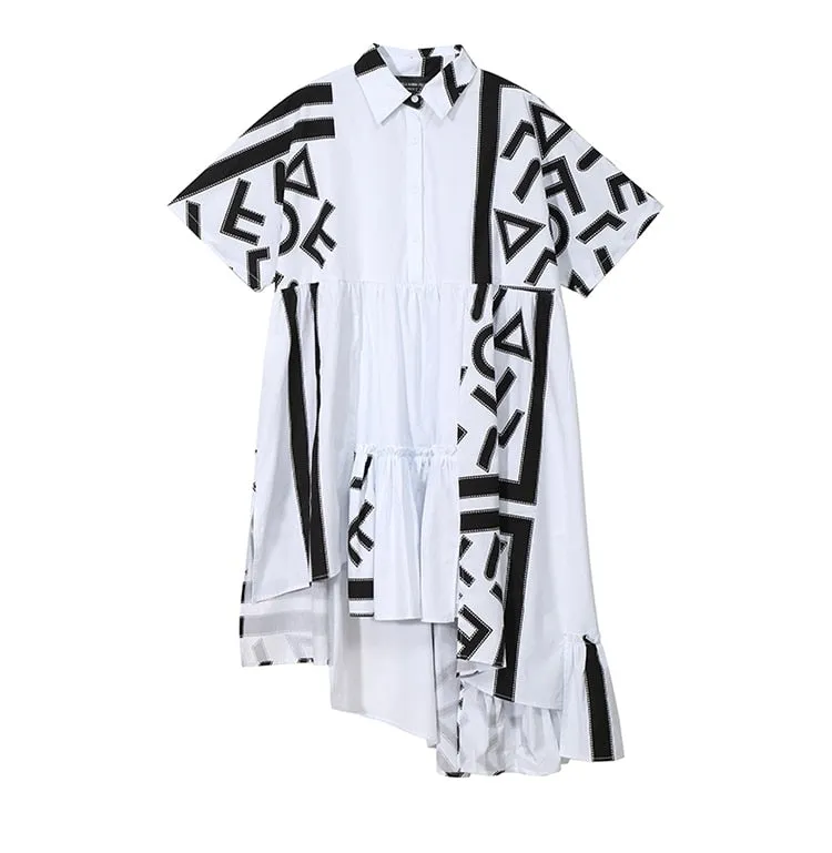 Women Stylish White Midi Shirt Dress Geometric Printed Plus Size