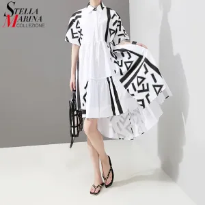 Women Stylish White Midi Shirt Dress Geometric Printed Plus Size