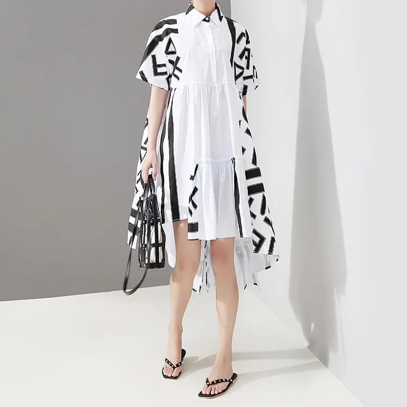 Women Stylish White Midi Shirt Dress Geometric Printed Plus Size