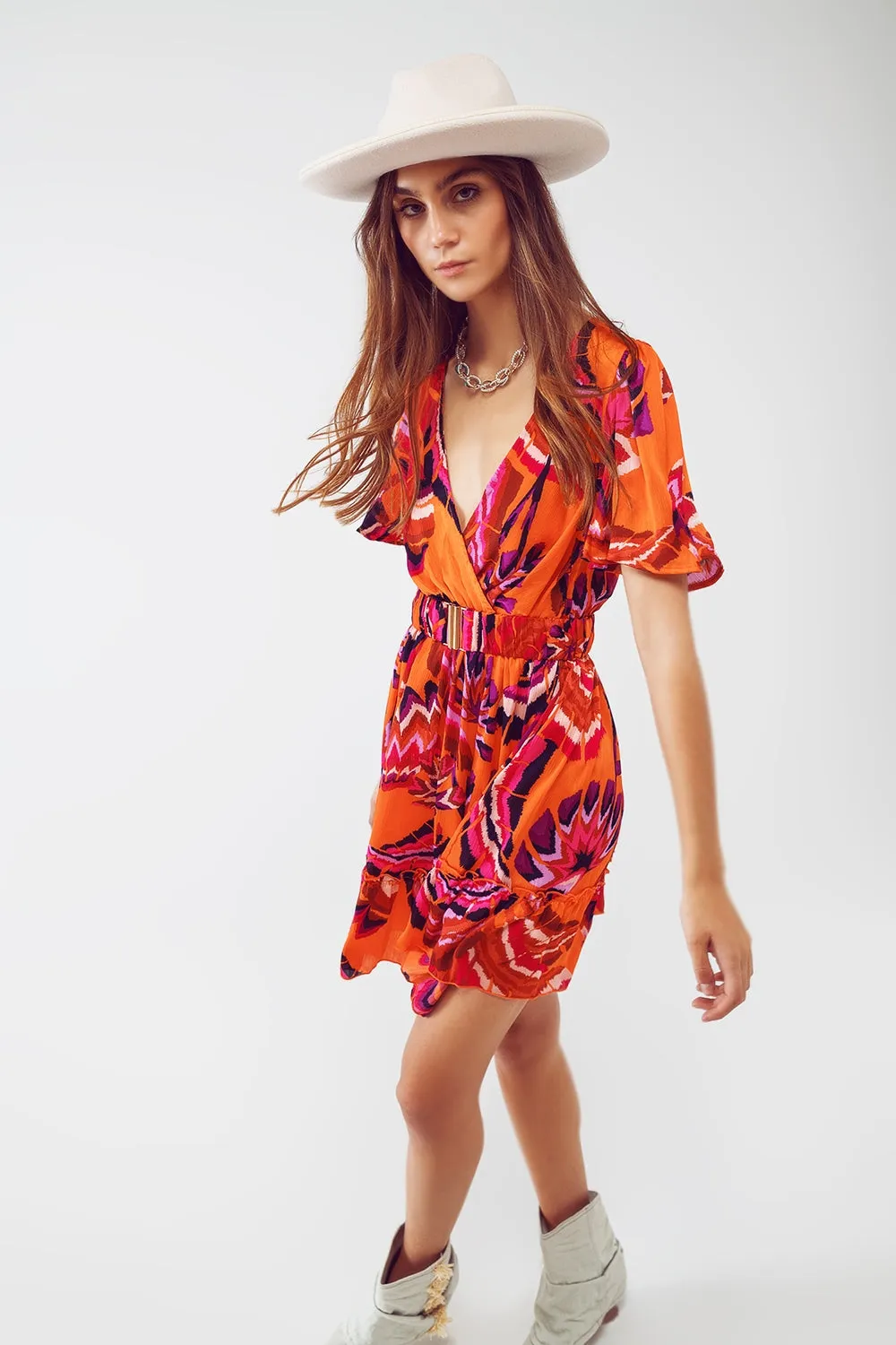 Wrap Short Dress With Angel Sleeves In Abstract Floral Print