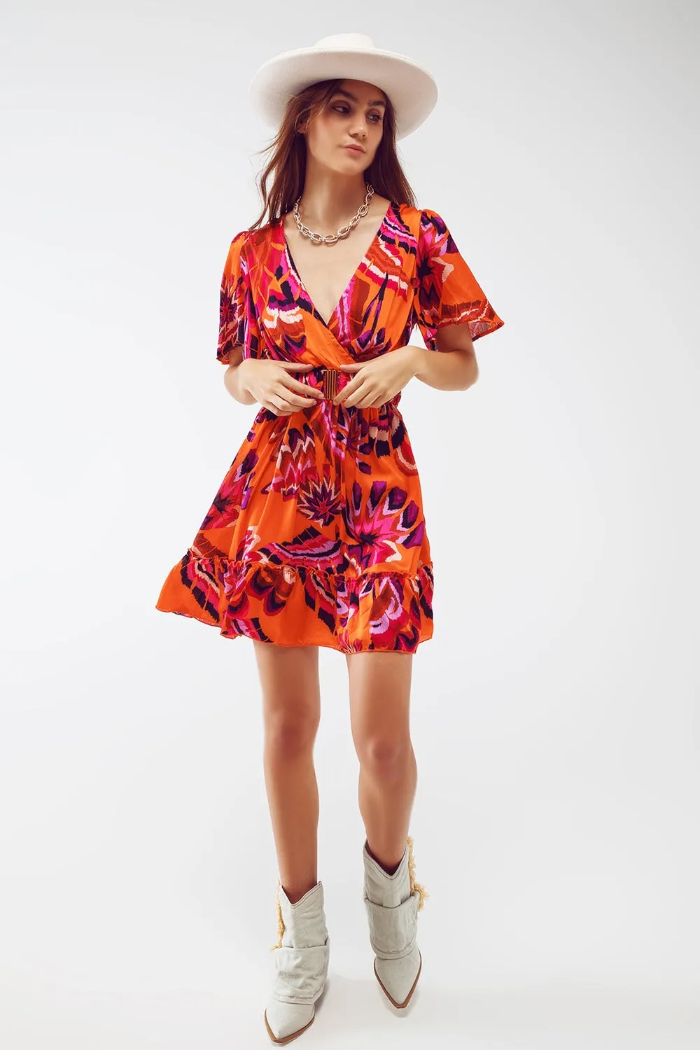 Wrap Short Dress With Angel Sleeves In Abstract Floral Print