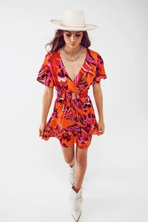 Wrap Short Dress With Angel Sleeves In Abstract Floral Print