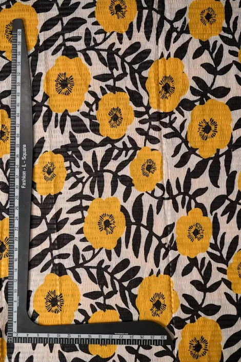 Yellow Bling Floral Pattern Printed Crushed Muslin Fabric