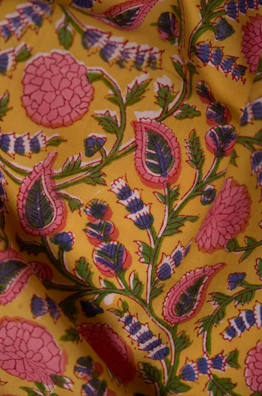 Yellow Pure Cotton Bagru Hand Block Printed Fabric