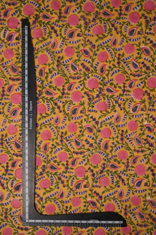 Yellow Pure Cotton Bagru Hand Block Printed Fabric